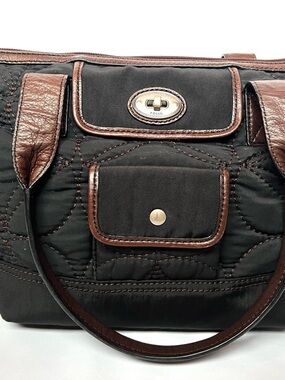 Fossil Black Quilted Nylon Tote Brown Leather Trim Turn Lock Shoulder Bag